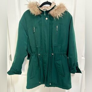 Fleet Street Green Winter Anorak Coat Faux Fur Trim Hood Thermaloft Insul. SMALL